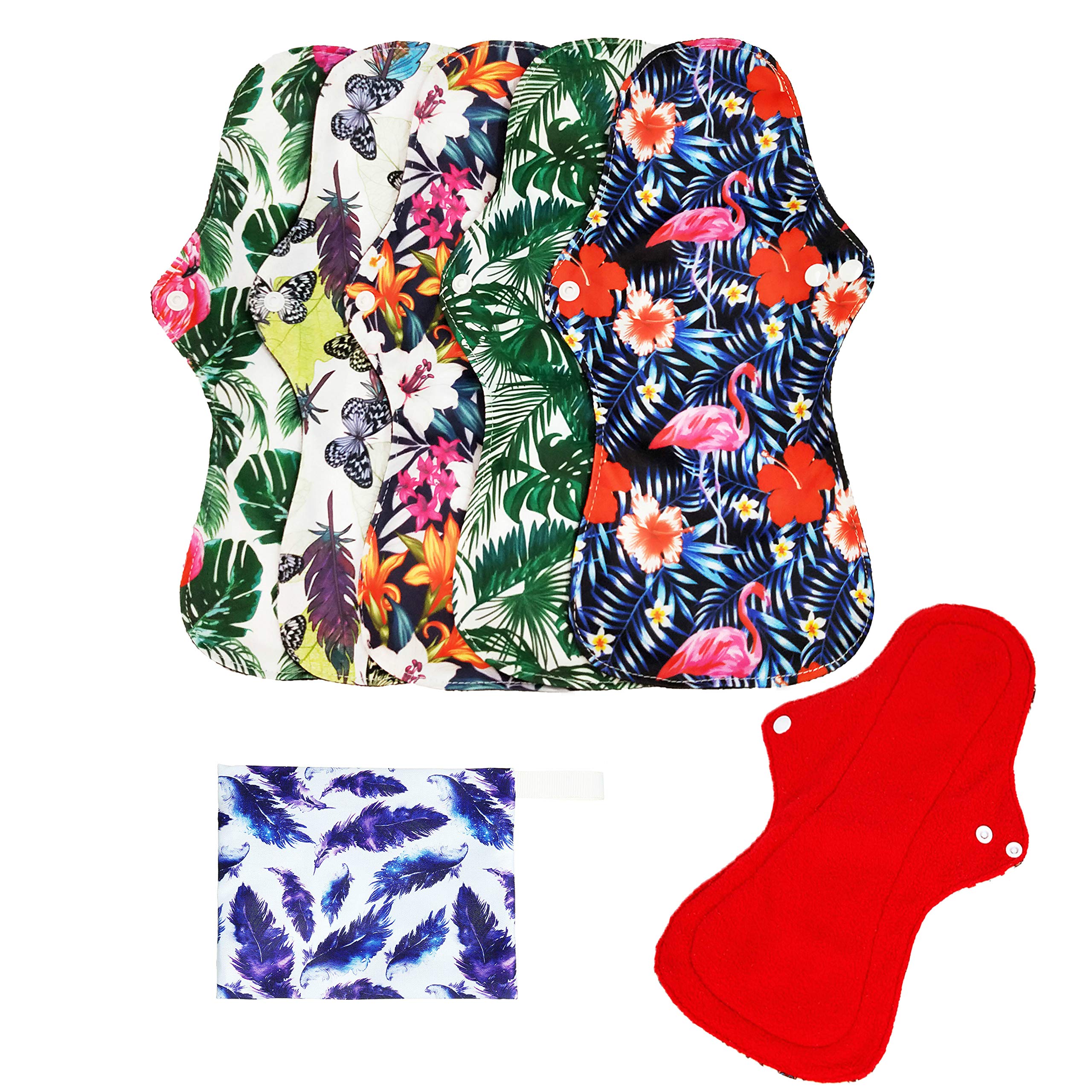 6Pcs Resuable Waterproof Menstrual Pad Sets Including 1Pc Mini Wet Bag and 5Pcs Heavy Flow Red Color Microfleece Stay Dry Menstrual Pads Mama Cloth Sanitary Napkins