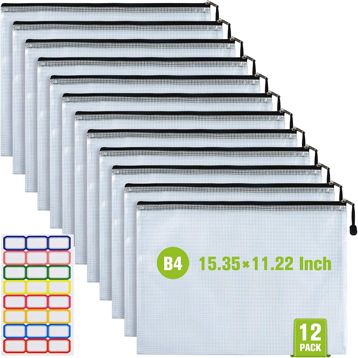 12PCS Mesh Zipper Pouch Bags: B4 Clear Zipper Pouches for Classroom, Black | 15.35×11.22 Inch Plastic Mesh Bag for Board Game Puzzles Storage, Waterproof Organizing Pouch for School and Office Supplies