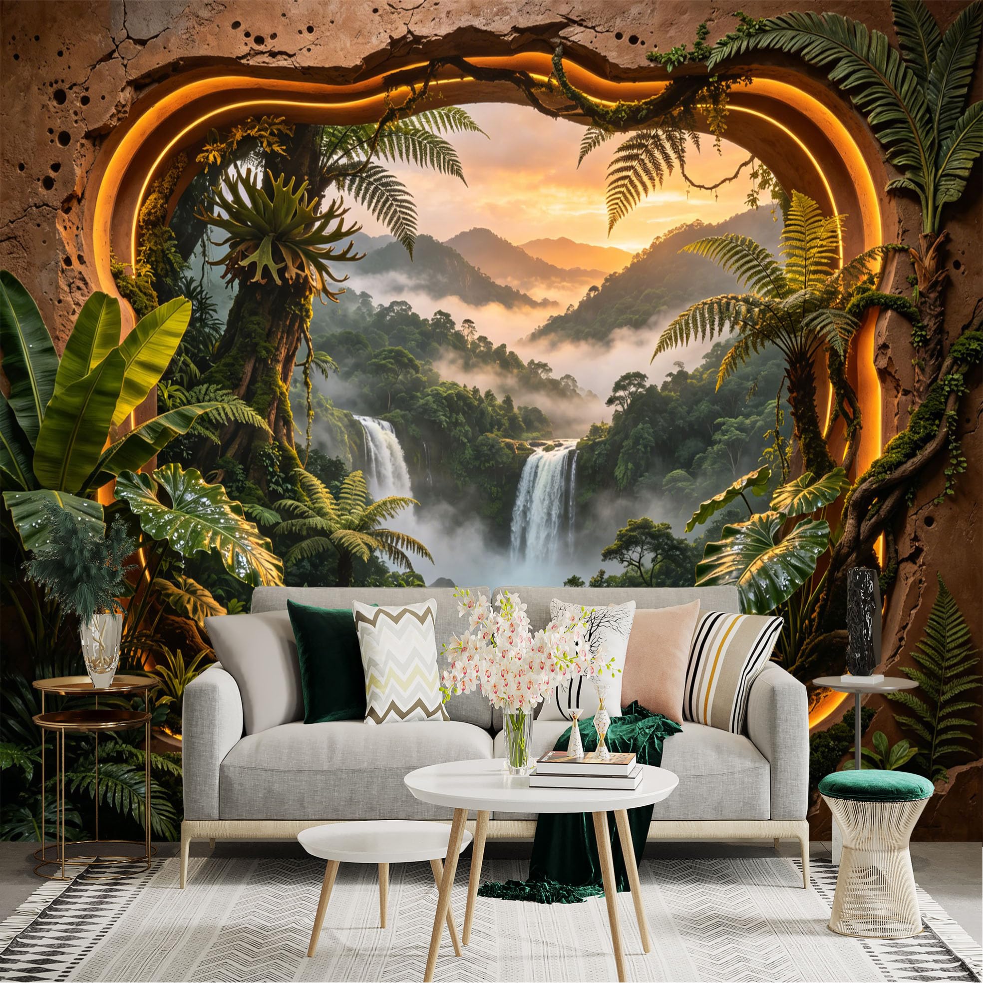 Custom Size Wall Sticker Mural， Tropical Jungle Waterfall with Sunset and Misty Mountains， for wall Decoration， peelandstick wall Decals.