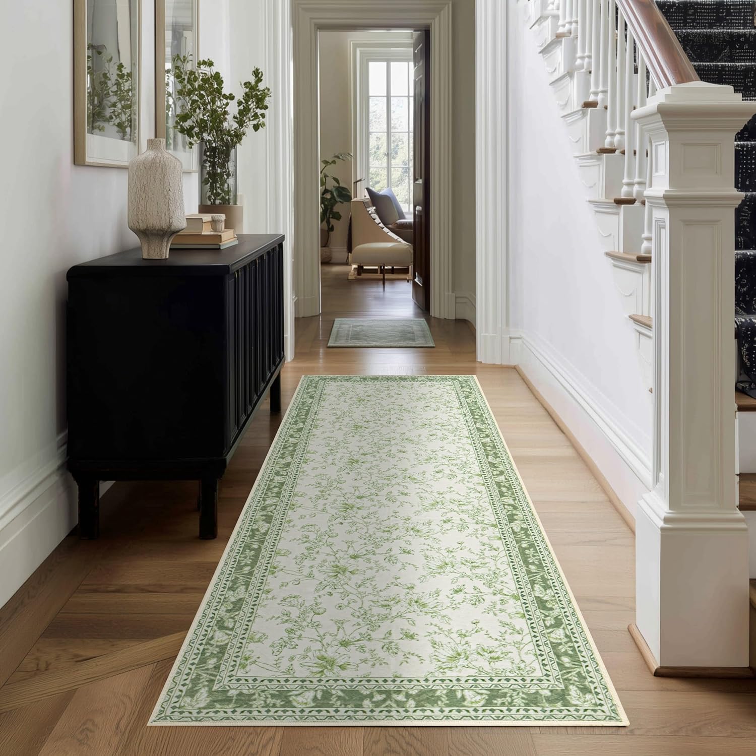Sage Green Runner Rug 2x6 for Hallways, Non-Slip Washable Kitchen Runner Vintage Boho Farmhouse Floral Sketch Printed Rug Floor Carpet for Laundry Bedroom Entryway Green Cream Beige Flower Design