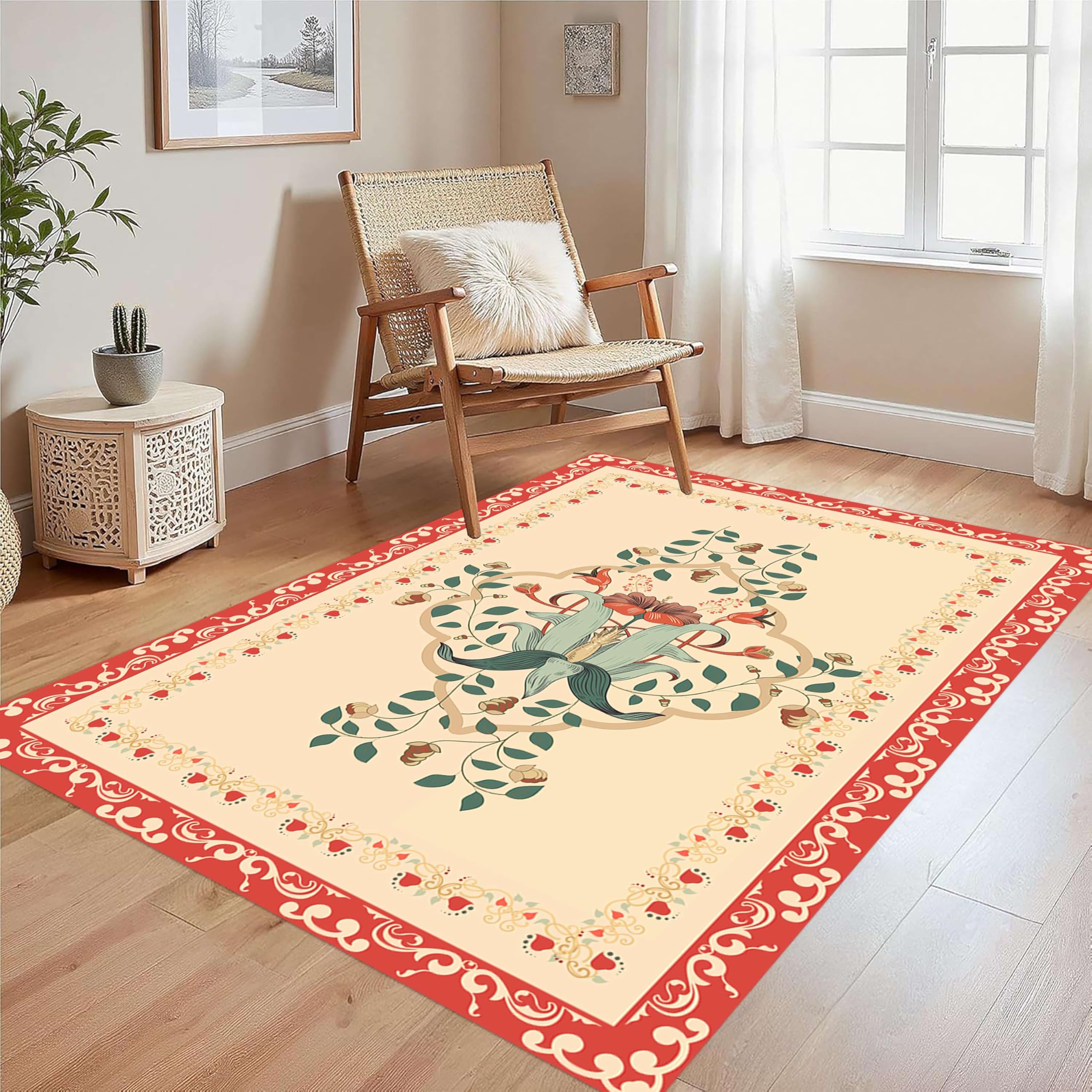 LHOMKCV Vintage Floral Area Rug, 180x230cm, Flowers Pattern Yellow Large Rugs for Living Room, Lightweight Easy-Washing Breathable Boho Carpet for Foyer Home Office