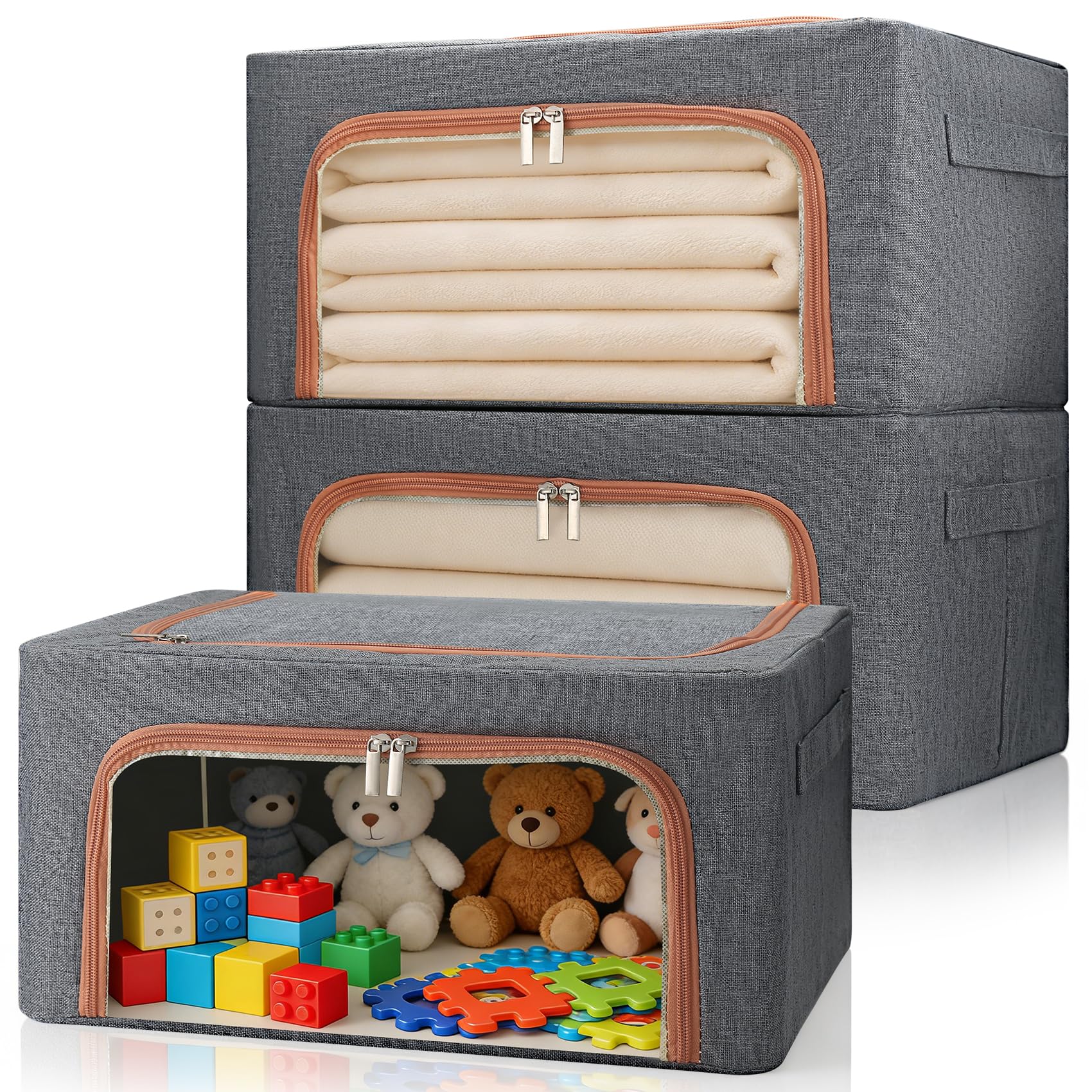Confezione da 3 scatole portaoggetti pieghevoli e impilabili, in tessuto, con telaio in acciaio, per riporre biancheria da letto, coperte, 24 l, colore grigio