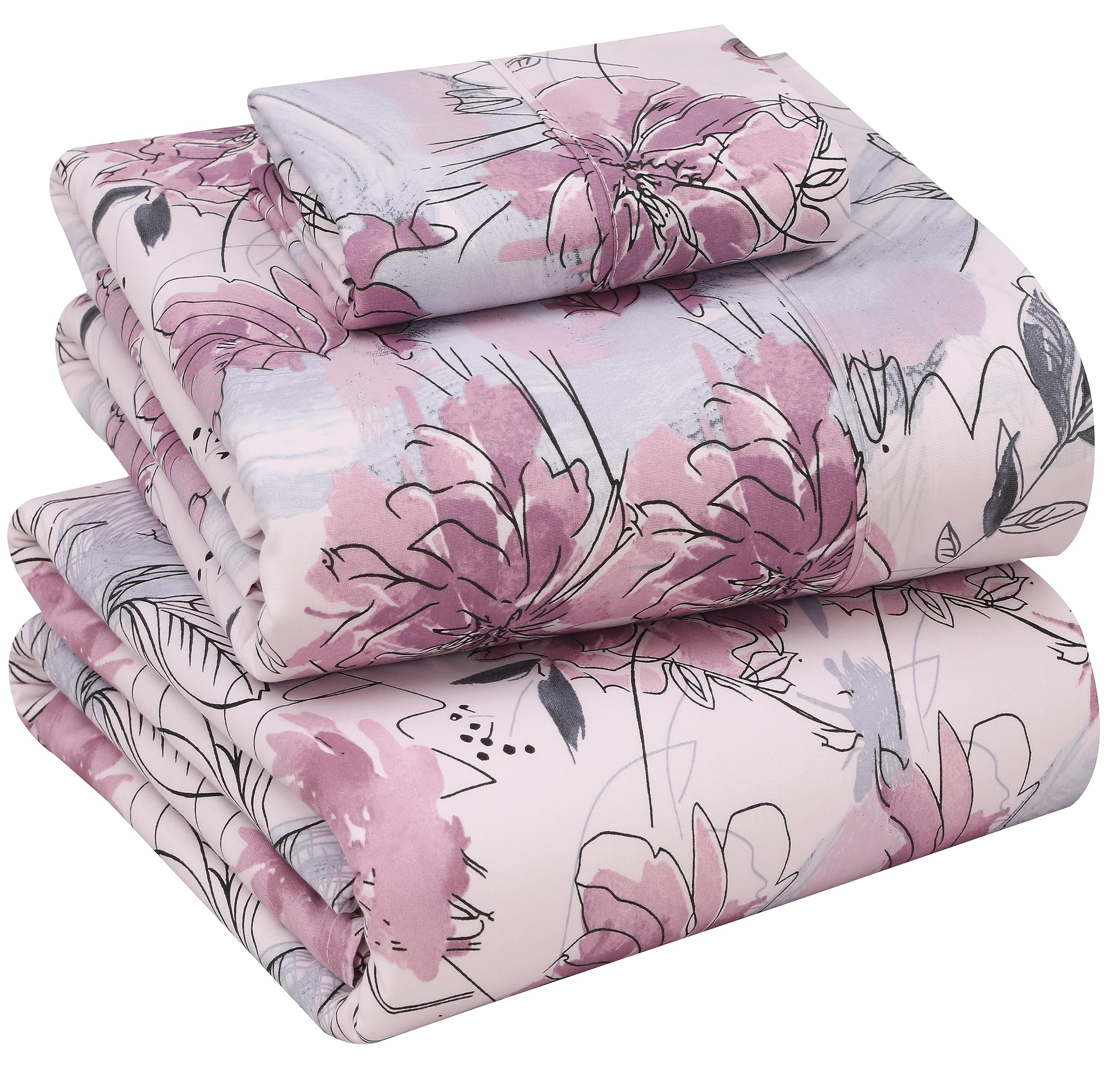 RUVANTI 100% Cotton Twin Sheets, Percale Weave Twin Sheet Set, Lilac Floral