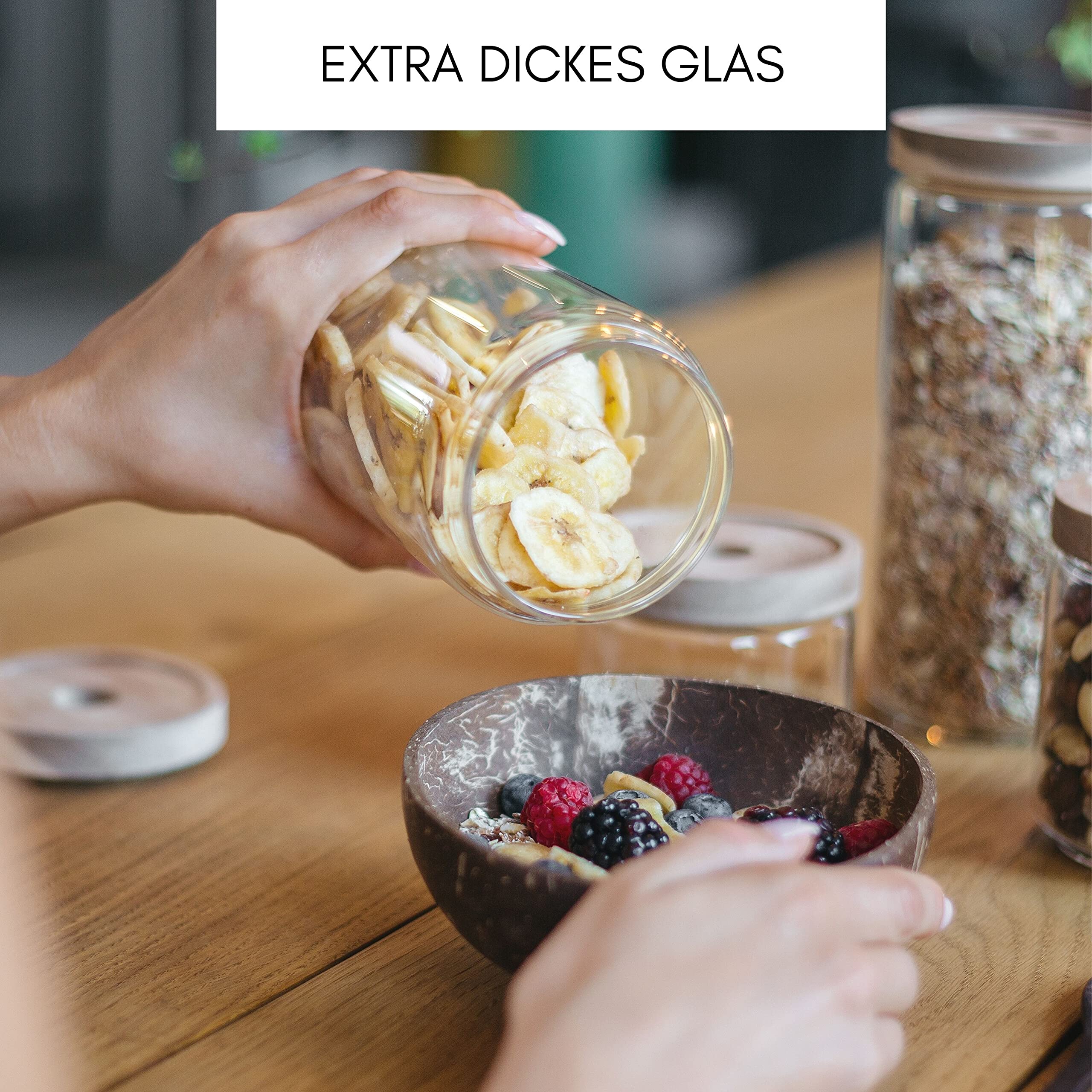 Econovo Set di 3 contenitori in vetro con coperchio, 700 ml, impilabili | Barattoli impilabili in vetro borosilicato, coperchio ermetico in legno, adatti per zucchero, tè, granola e riso