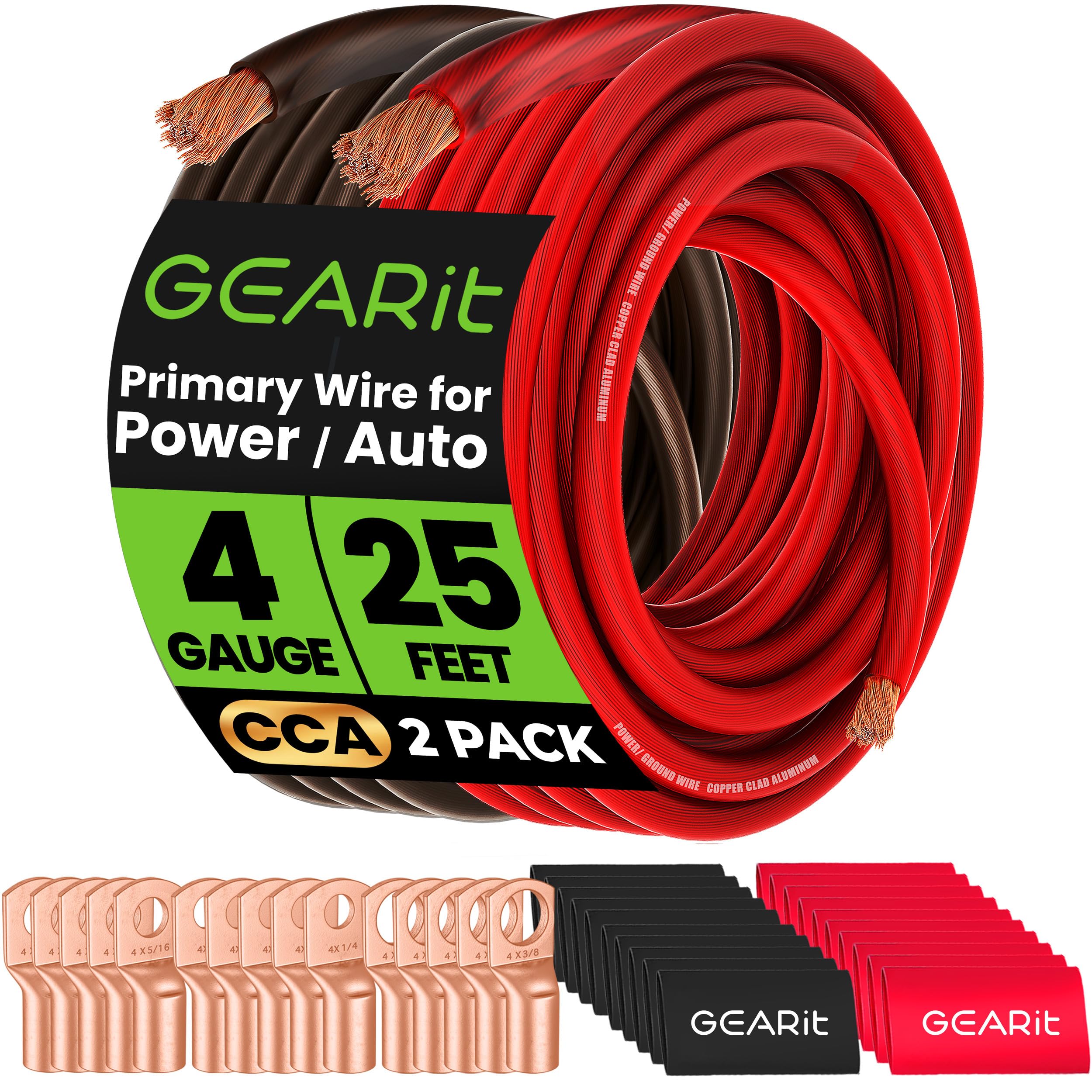 GearIT Kit CCA de calibre 4 (7,6 m de chaque - Noir/rouge translucide | 15 cosses | 20 pellicules thermorétractables à 20) Aluminium plaqué de cuivre – Fil d'alimentation/de terre automobile primaire,