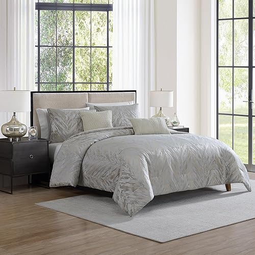 TAHARI Home - Juego de edredón, ropa de cama jacquard de 5 piezas con fundas a juego y almohadas decorativas, ideal para todas las estaciones