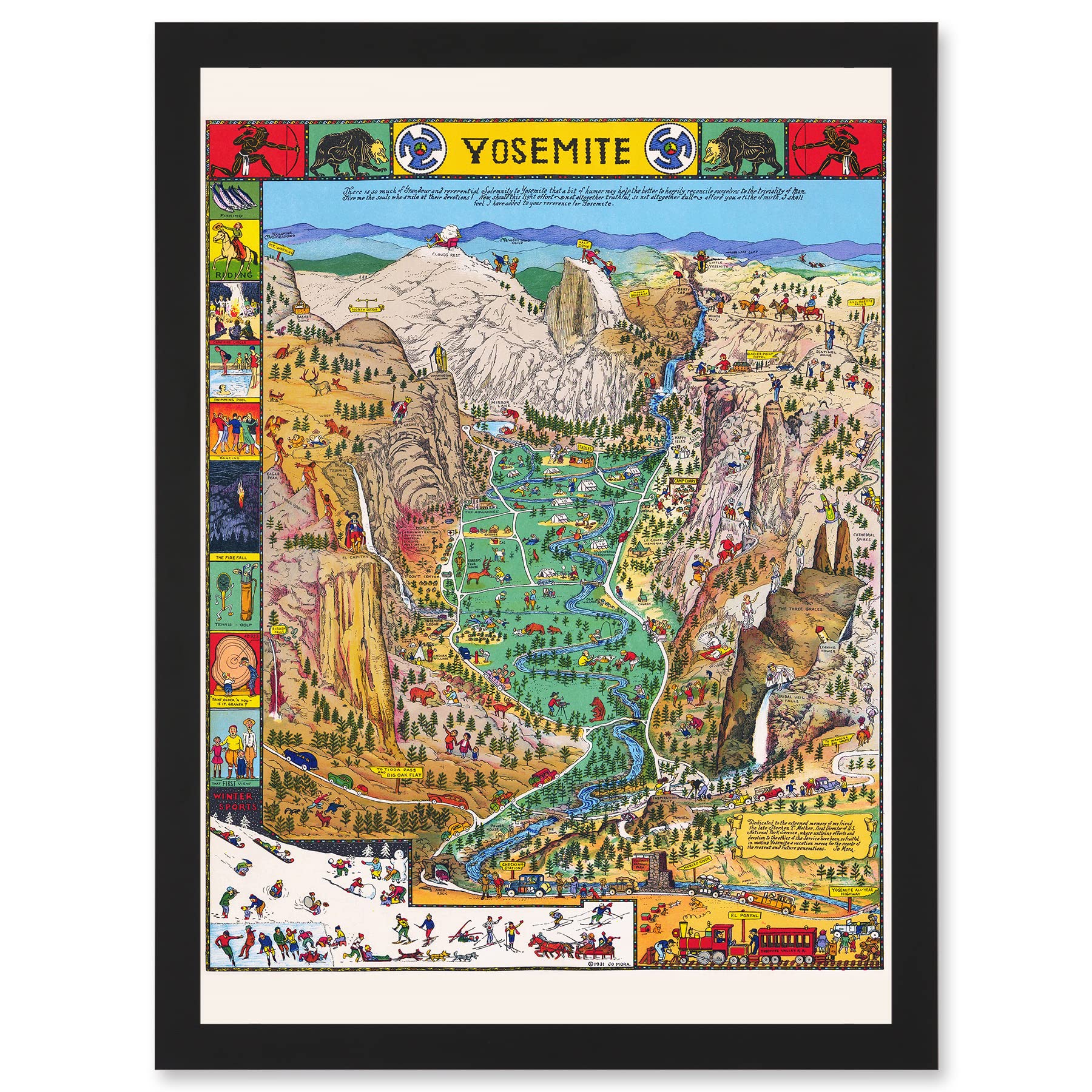 Map Mora 1931 Yosemite Valley Pictorial National Park USA Framed Wall Art Print A4