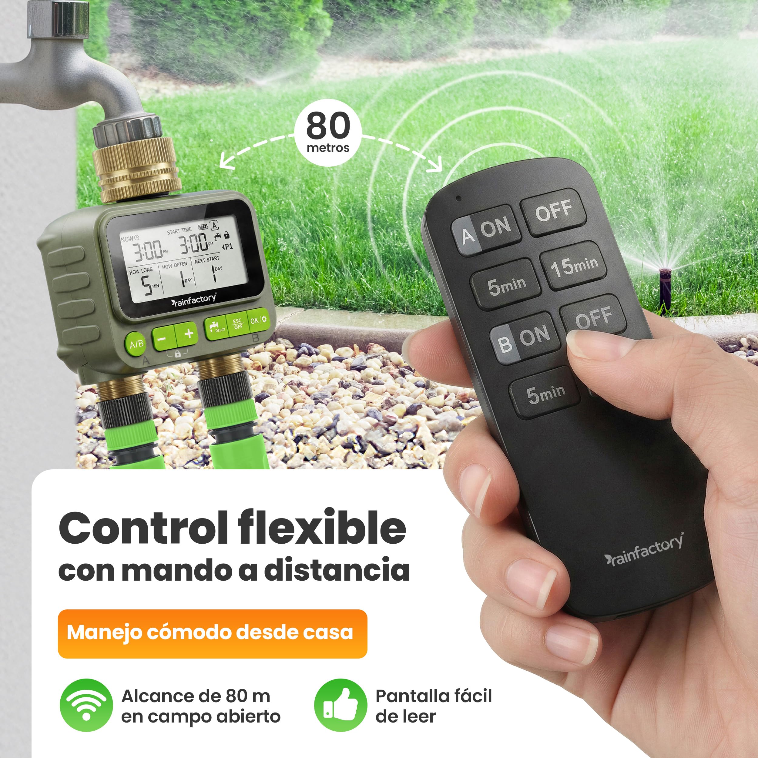 rainfactory - Programador de riego automático 2 Salidas con Mando a Distancia, Temporizador riego a Pilas IP65, Pantalla LCD, 4 programas, Manual, función delay, conexión ¾ para jardín y macetas
