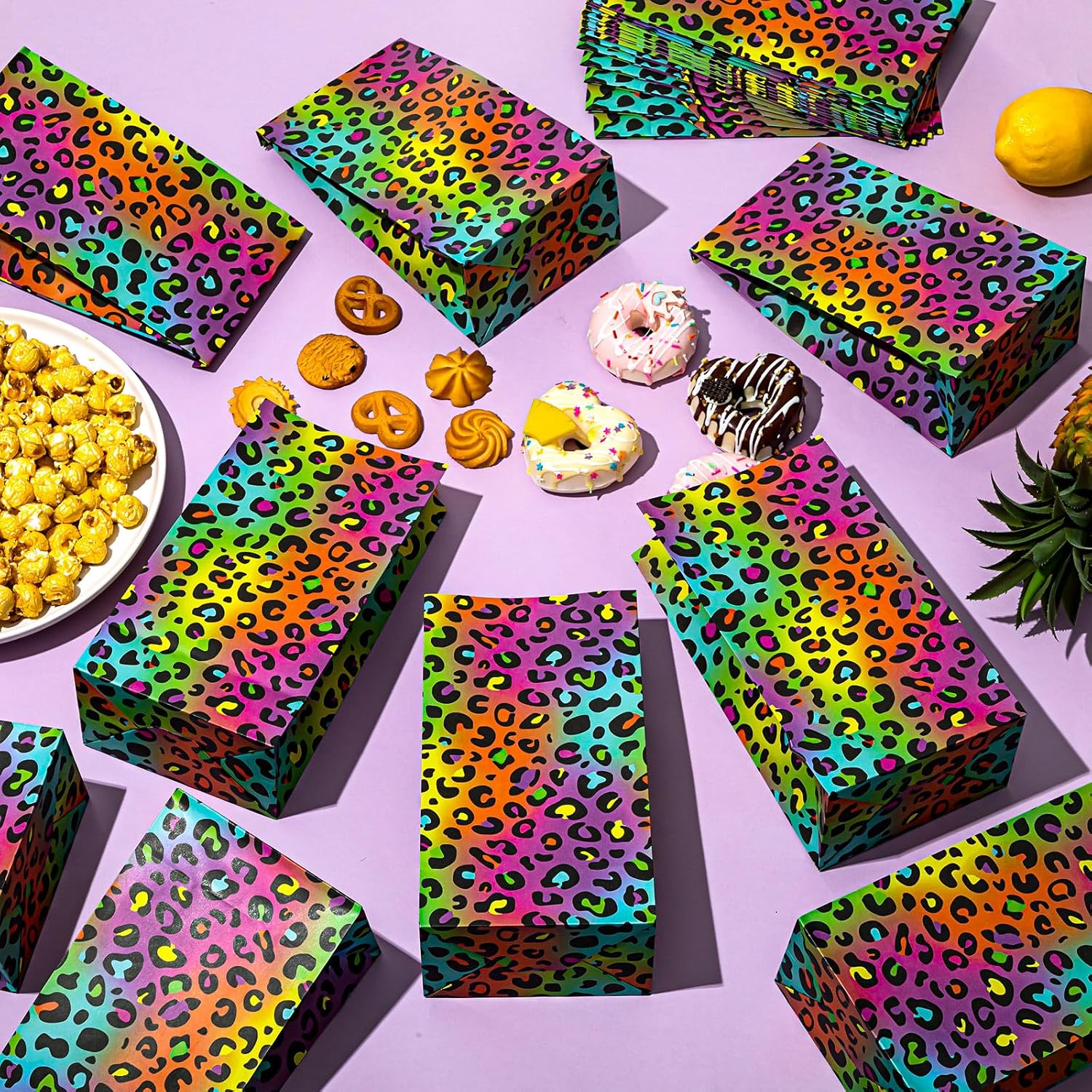 Leinuosen 24 Pcs Neon Rainbow Leopard Paper Bags Cheetah Birthday Party Favor Cheetah Paper Treat Bags for Leopard Birthday Bridal Shower Christmas Party Decorations
