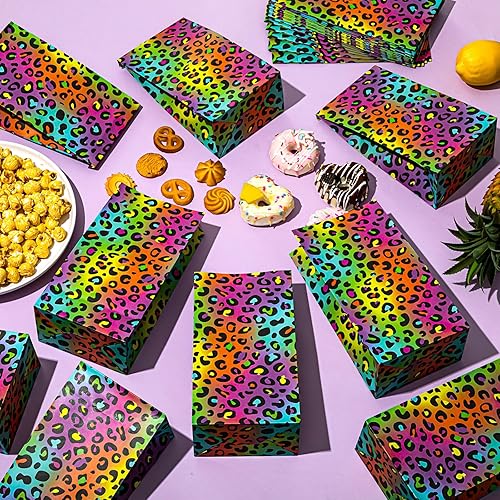 Miniatura 4 de Leinuosen 24 bolsas de papel de leopardo arcoíris neón, guepardo, regalo de fiesta de cumpleaños, guepardo, bolsas de papel para regalo de leopardo,