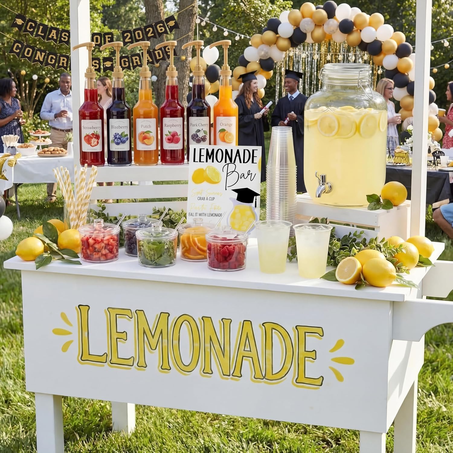 43 Pcs 2026 Graduation Freshly Lemonade Stand Complete Accessories Kit Lemon Bar Sign Class of 2026 Jar Drink Station Glass Beverage Dispenser Plastic Cup Jam Pump Head Party Decorations
