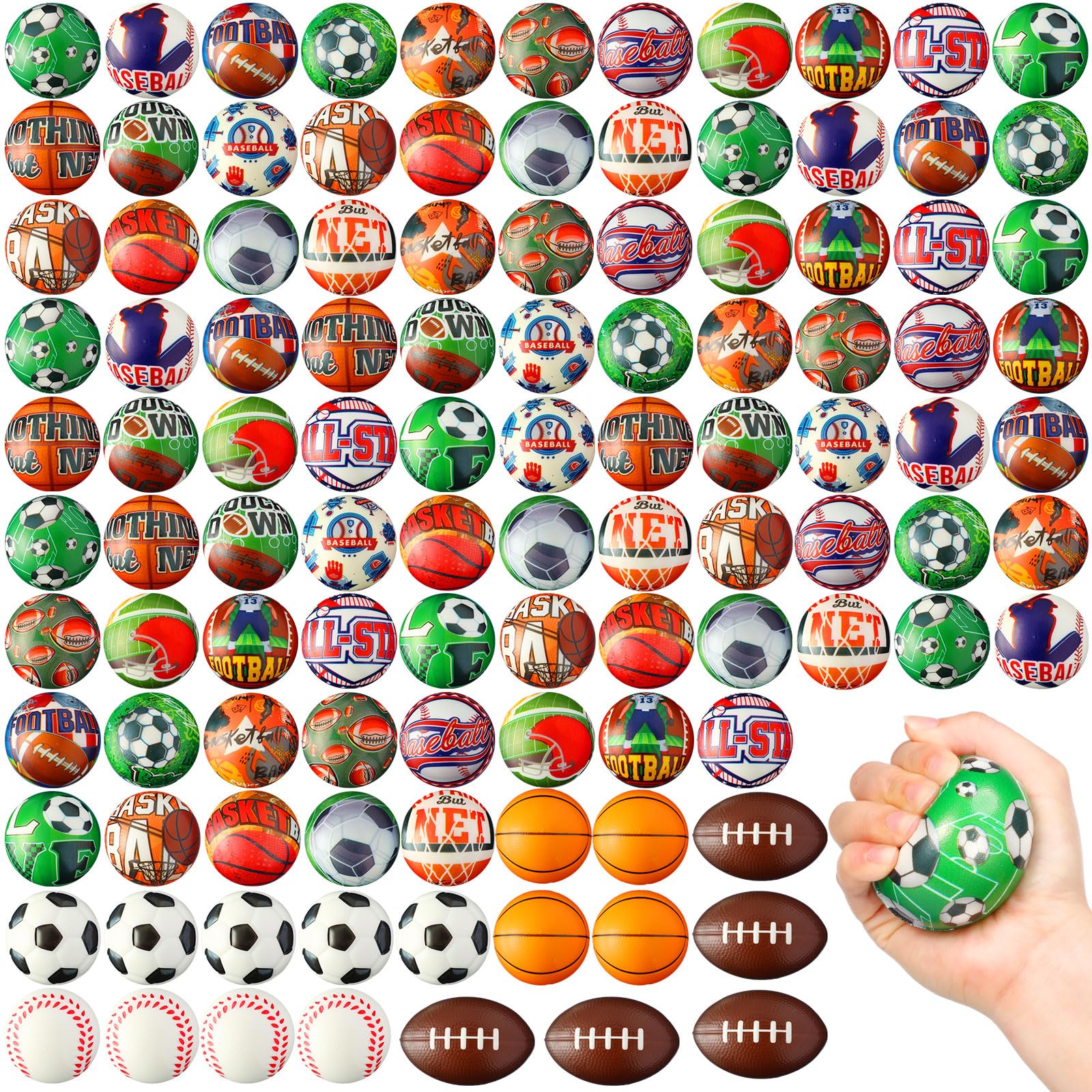 Yunsailing 108 Pcs Mini Sports Stress Balls Bulk 2.4'' Foam Soccer, Basketball, Football, Baseball Squeeze Stress Balls for Anxiety Relief Sports