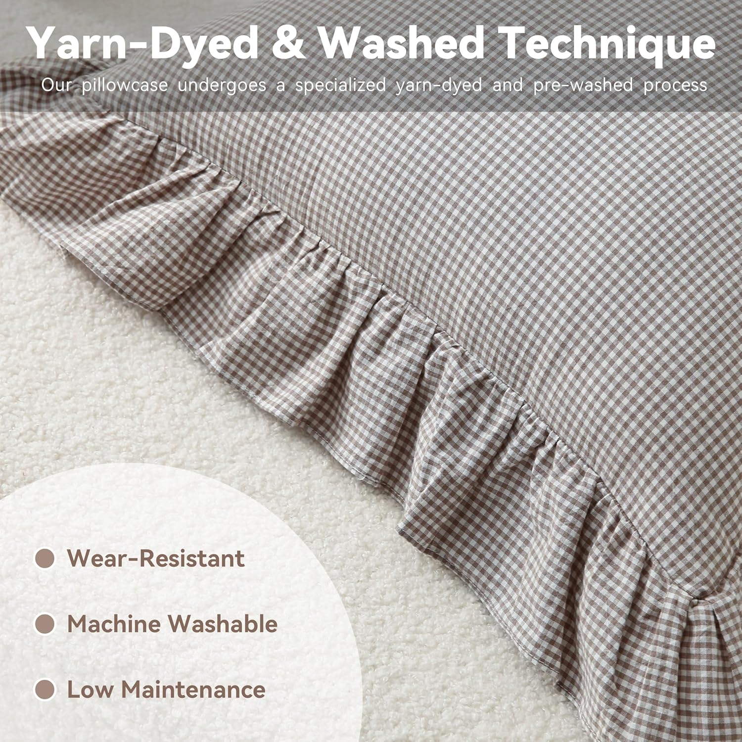 Gingham Pillow Covers (2 Pack) - 18x18 Inches Brown/White Plaid, 100% Washed Cotton Vintage Ruffle Decorative Throw Pillowcases with Zipper Closure for Bed & Couch