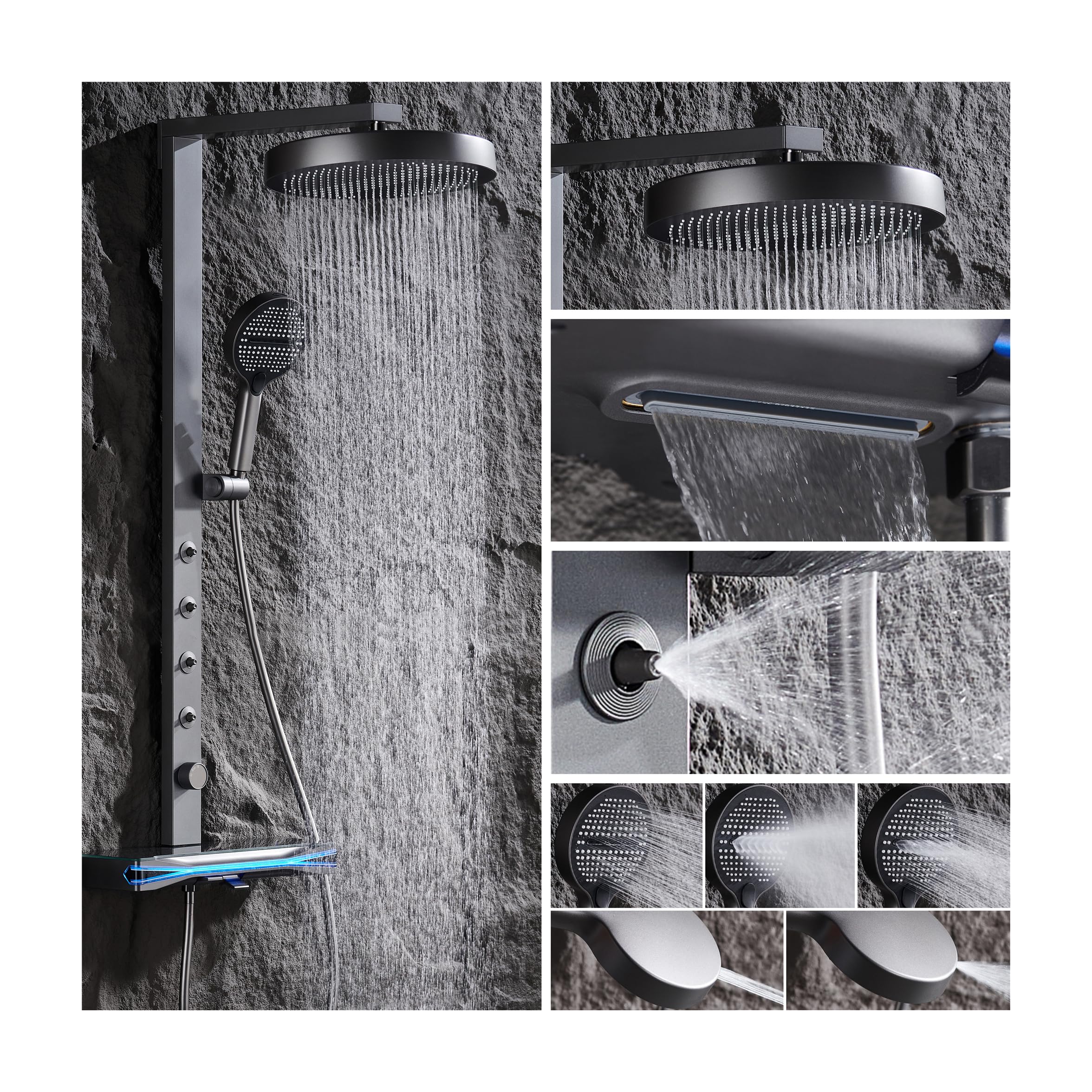 Colonne de douche thermostatique design gris pistolet avec grand ciel de pluie