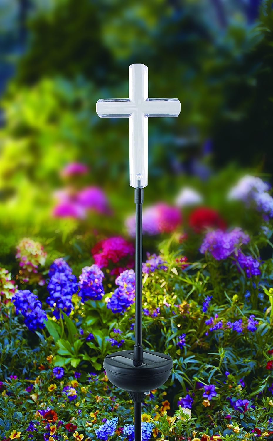 Moonrays 93243 Solar Stake Light Made of Clear Plastic with White LED Light, Cross Design, Eco Friendly, Automatic Light, Beautiful Accent for Gardens or Yard, Easy Installation