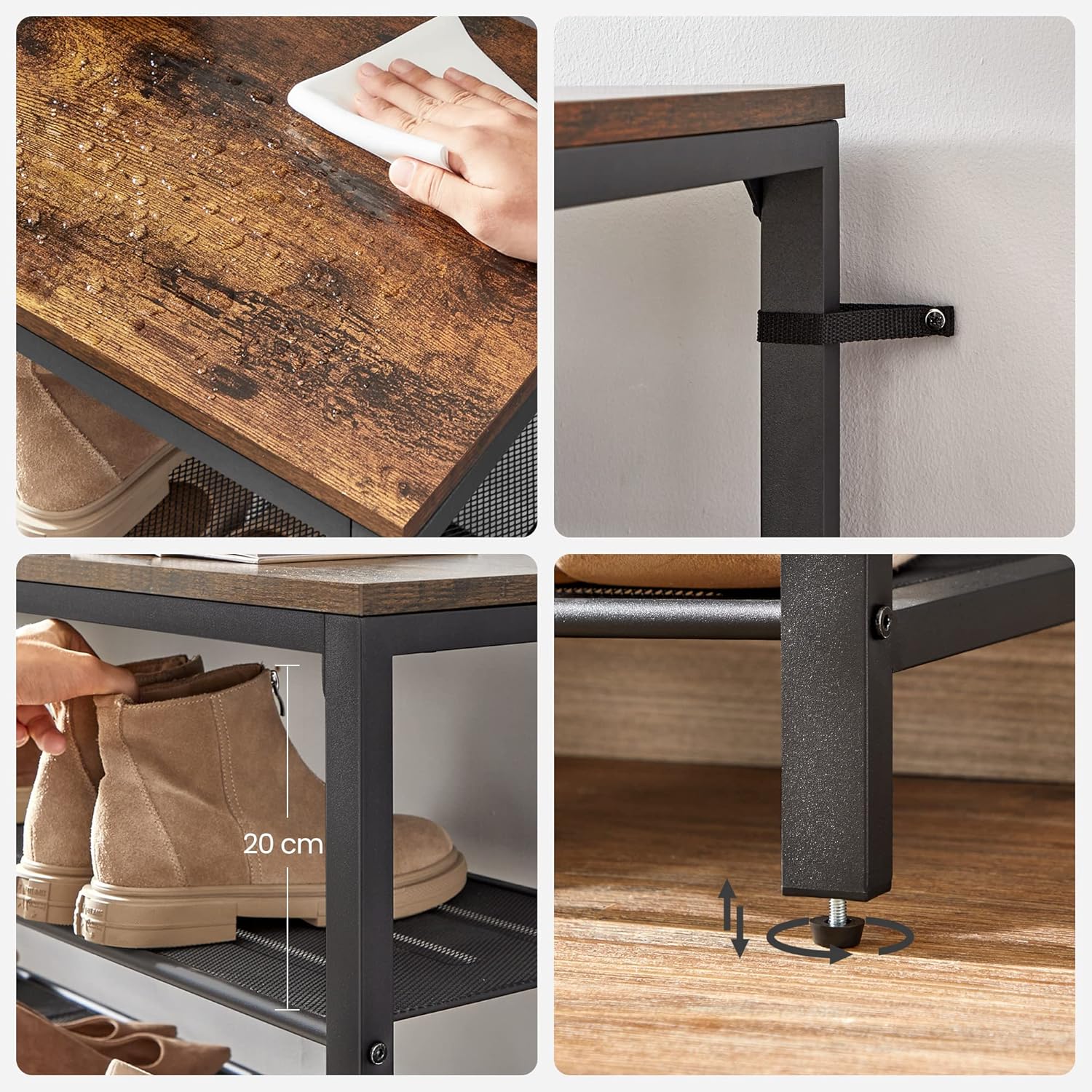 Details of VASAGLE shoe rack features: cleaning, anti-tip, adjustable feet, and shelf height