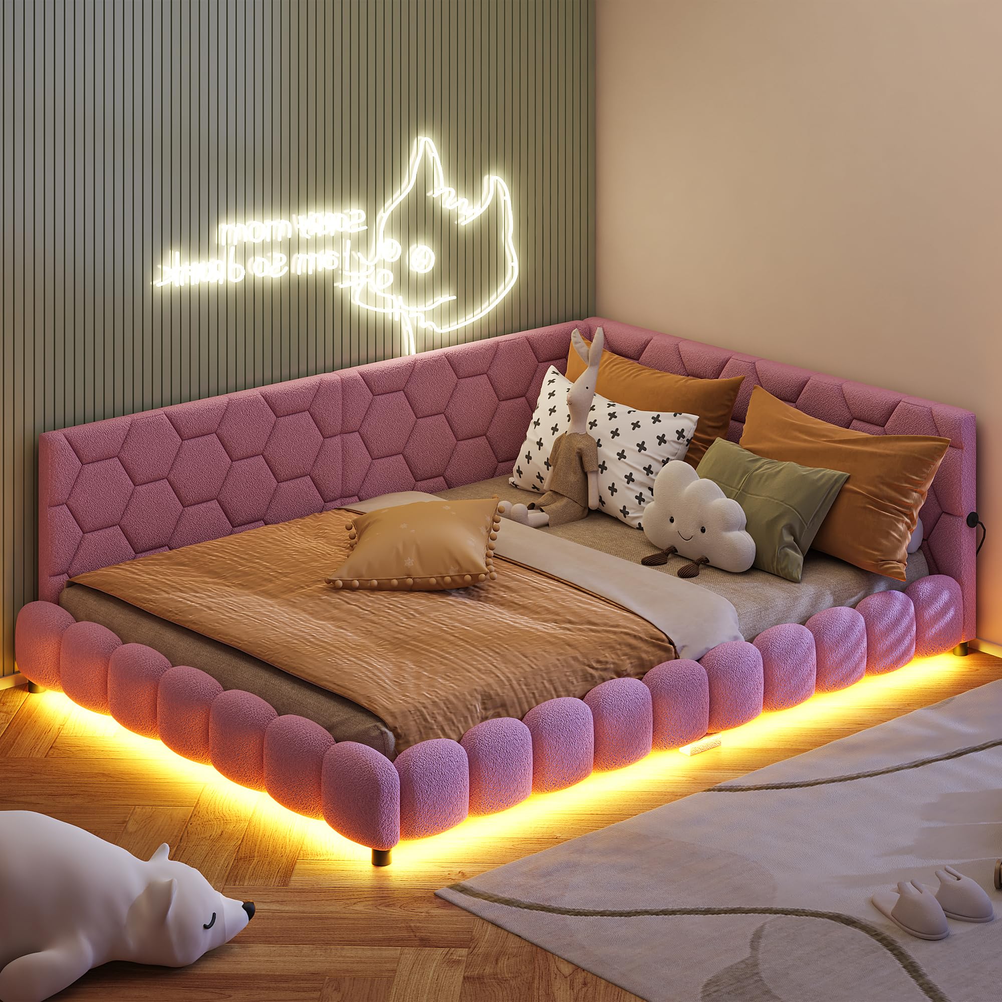 FEEOHOME Sofá cama tapizado de 140 x 200 cm, sofá cama con LED y USB, cama multifuncional con somier y patas para habitación infantil, salón, sin colchón (rosa)