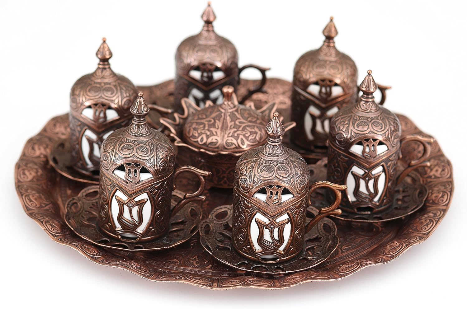 Turkish Coffee Serving Cups with Holders Lids, Saucers and