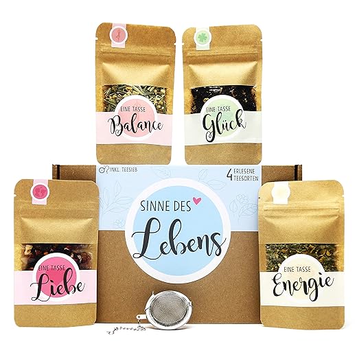 OWLBOOK Sinne des Lebens Tee Geschenk-Box mit 4 verschiedene Sorten Tee und Tee-Ei Geschenke für Frauen