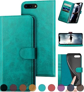 DuckSky for iPhone 7 Plus/8 Plus Genuine Leather Wallet case RFID Blocking4 Credit Card HolderReal Leather Flip Folio Book Phone case Protective Cover Women Men for Apple 8 Plus case Blue Green