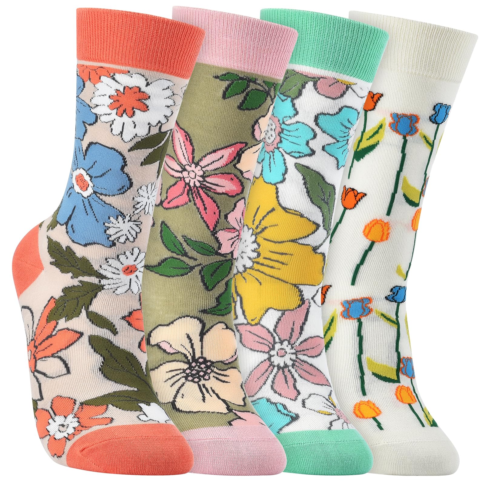 HSELL Womens Novelty Socks with Colorful Flower Design Fancy Gift for Mom Lady Breathable Cotton Socks for Daily Wear