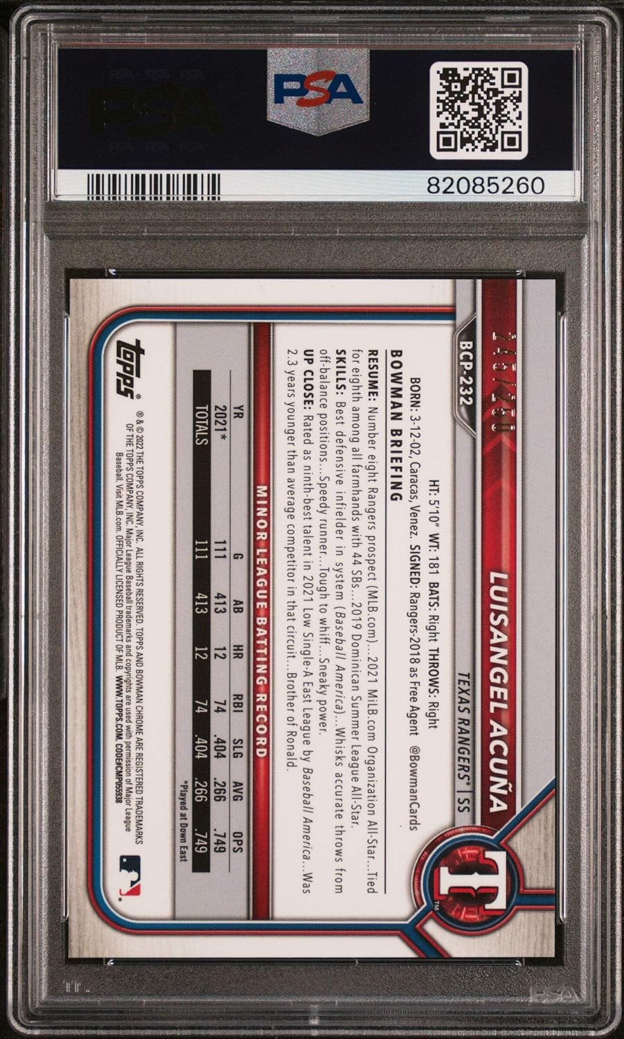 Graded 2022 Topps Bowman Chrome Mega Box Luisangel Acuna #232 Purple Refractor /250 Rookie RC Baseball Card PSA 10 Gem Mint