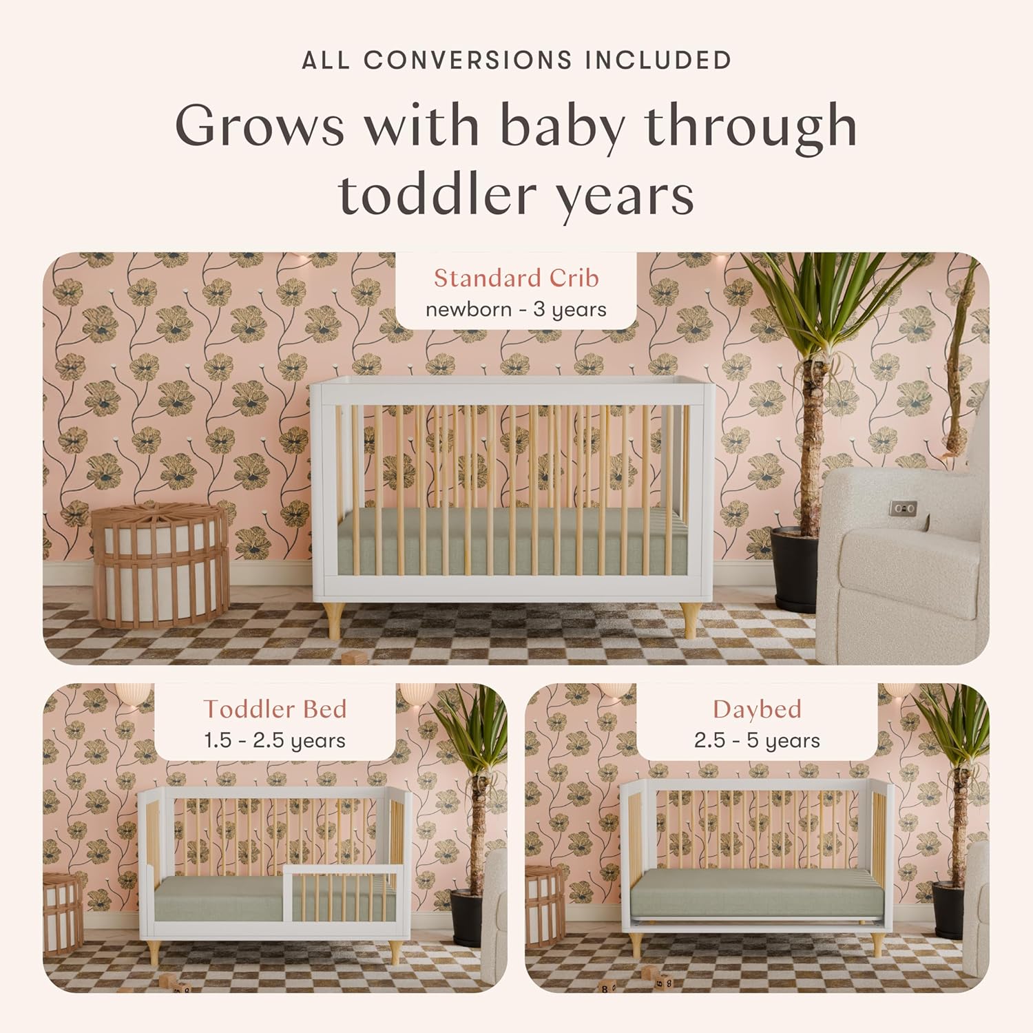 Babyletto Lolly 3-in-1 Convertible Crib with Toddler Bed Conversion Kit in White and Natural, Greenguard Gold Certified - Image 3