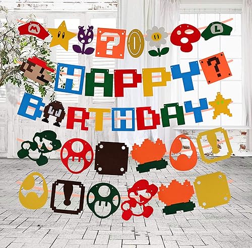 Miniatura 7 de MEANT2TOBE Cartel de feliz cumpleaños de Super Mario, decoración de suministros de cumpleaños para fiesta de Mario, rojo, blanco, azul, 5 tiras,