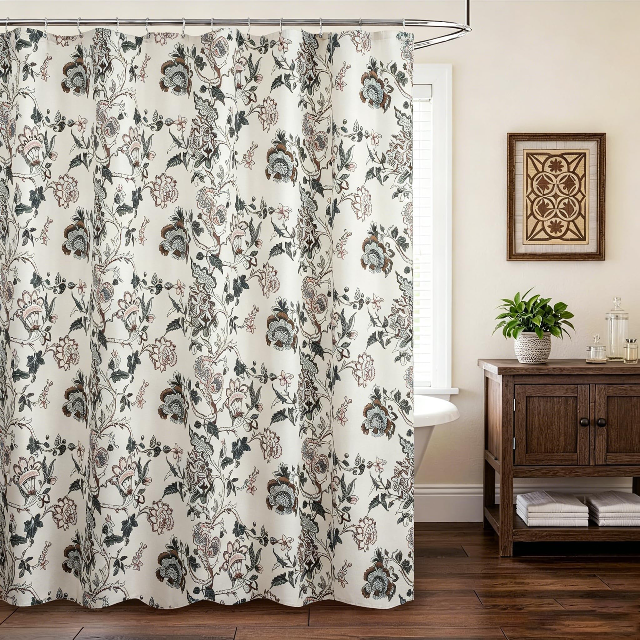 Rideau de douche bohème en lin motif floral traditionnel salle de bain rustique