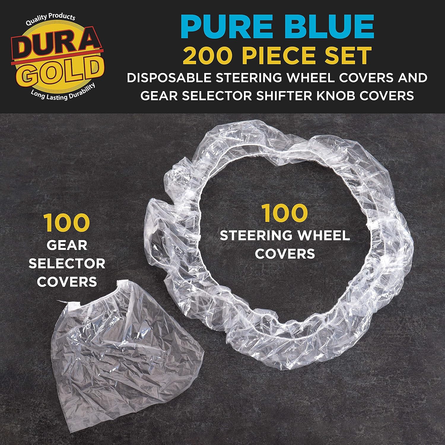 Dura-Gold 200 Piece Set of Disposable Steering Wheel Covers and Gear Selector Shifter Knob Covers - Universal Fit, Clear Plastic with Elastic Bands - Handbrake Cover, Keep Auto Interior Clean