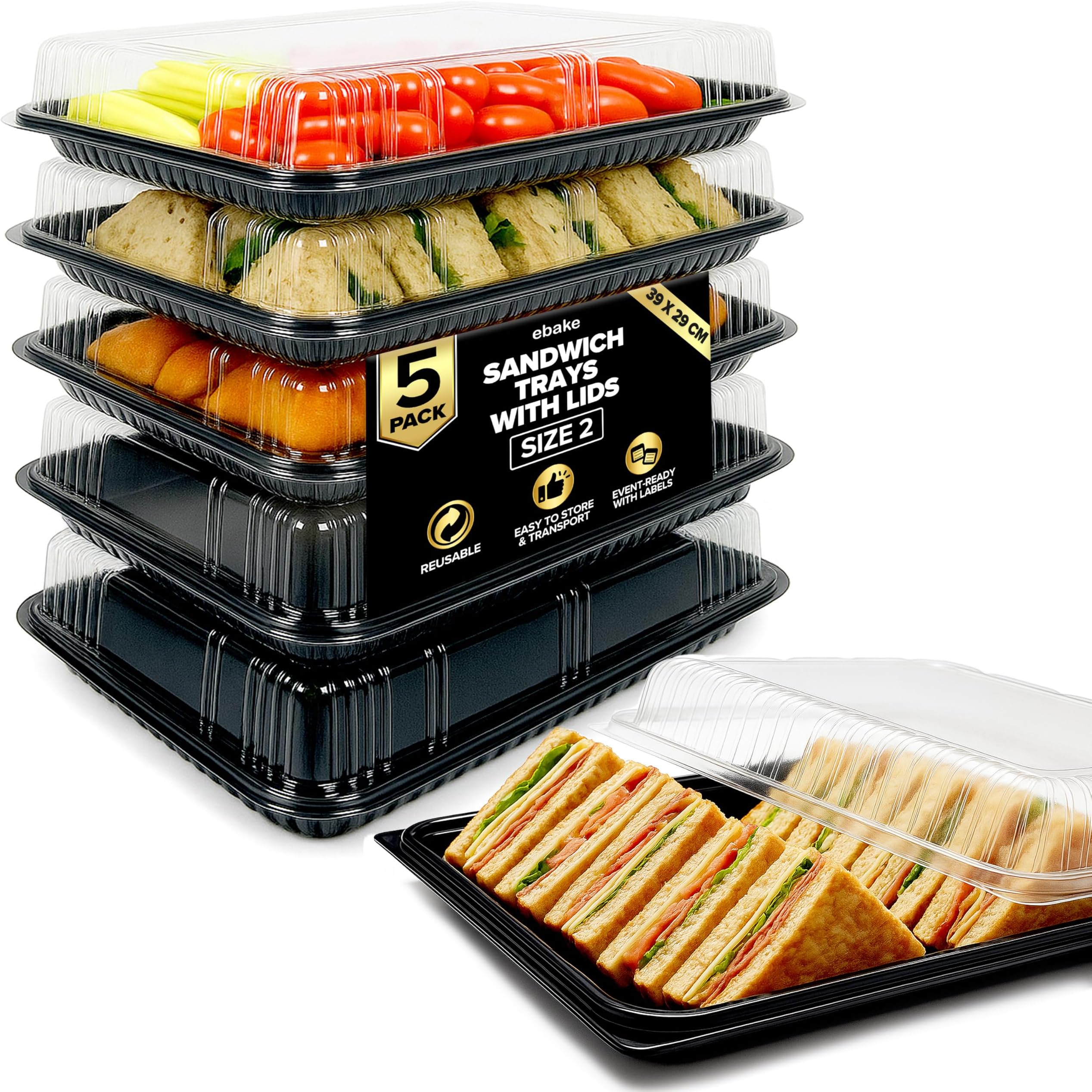 Sandwich Platter Trays with Lids - 5 Pack - Reusable Buffet Trays with Lids & Allergy Content Customizable Labels, Catering Trays with Lids for Sandwich Trays and Sushi Platters (15.4 x 11.5 x