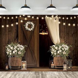 Imirell Wedding Rustic Barn Door Backdrop 7Wx5H Feet Vintage Country White Floral Wooden Board Light Western Polyester Fabric Anniversary Photography Backgrounds Photo Shoot Decor Props Decoration