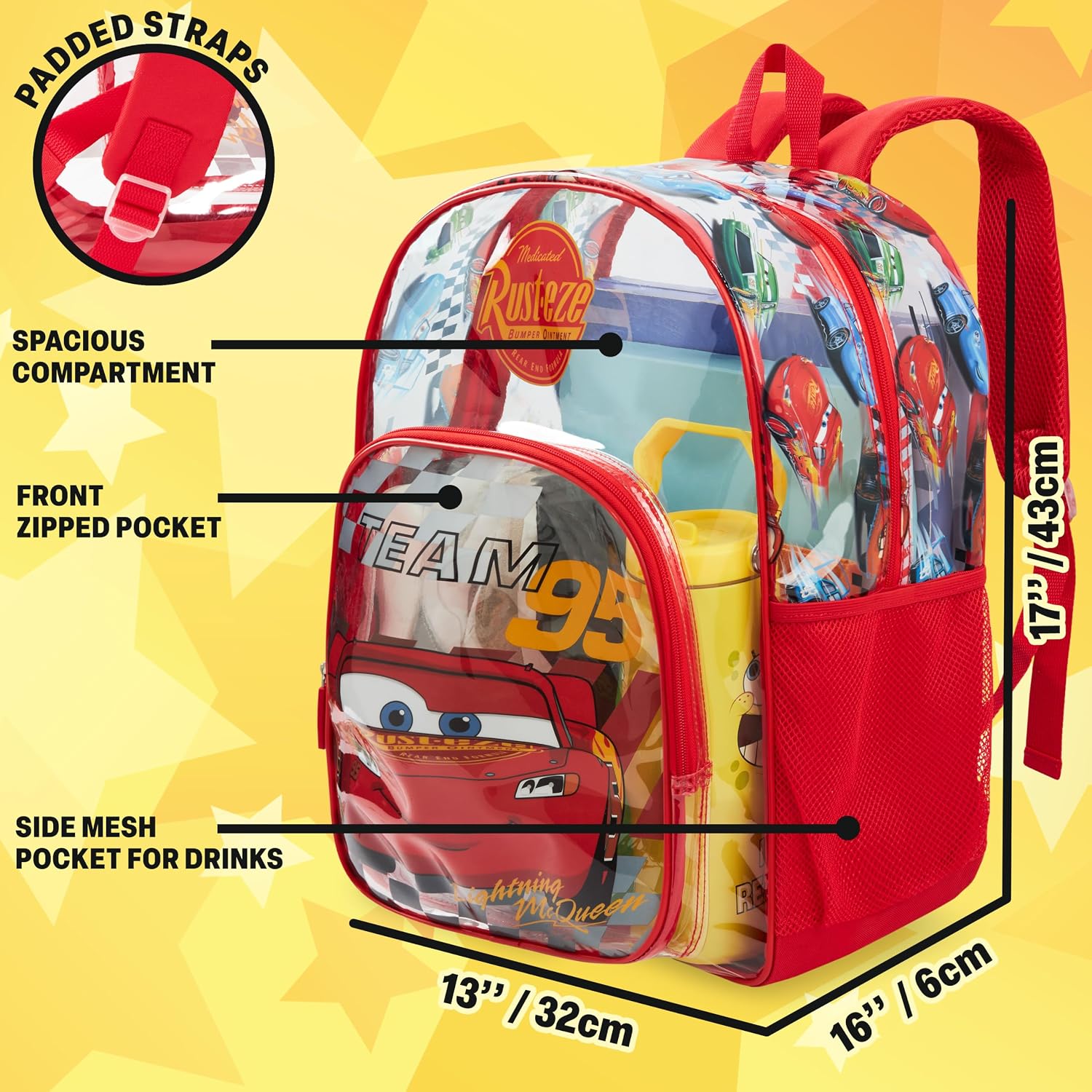 Get Trend Disney Cars Boys Clear Backpack for Stadium Events, Lightning McQueen 17 inch Transparent School Bookbag, See Through Travel Bag with Straps, Gifts for Boys (Red Lightning McQueen)
