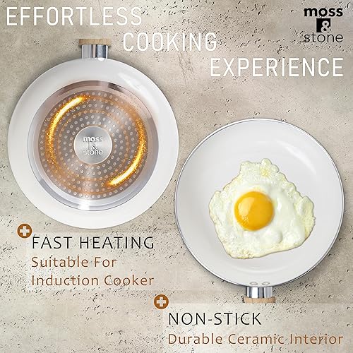 Miniatura 2 de Moss & Stone Juego de 6 utensilios de cocina antiadherentes blancos, juego de ollas y sartenes antiadherentes con tapa de vidrio, utensilios de