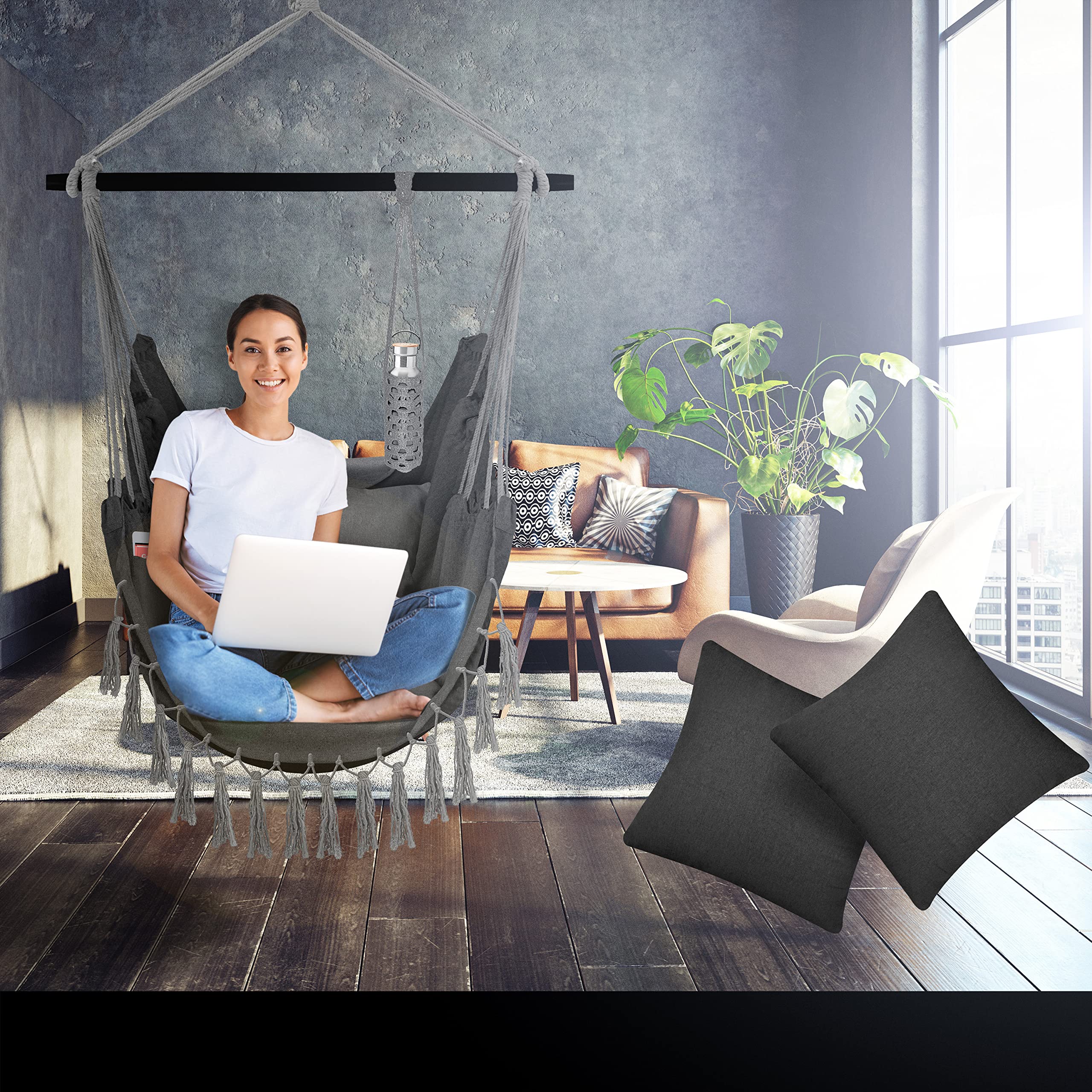 KESSER® Fauteuil Suspendu avec 2 Coussins, Porte-gobelet et Rangement pour Livres | Fauteuil Suspendu Safari XXL pour Adultes et Enfants | Hamac d'une Charge Maximum de 150 kg | Anthracite