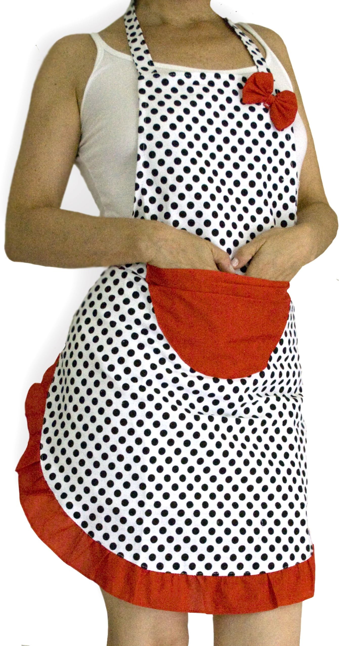 Cute and Flirty, with Dotted Pattern and Red Pocket on White Background, Polycotton Canvas Multifunctional Waterproof Apron for Women, to Protect Your Cloth While Cooking, Painting, Gardening, Art Crafting and Much More (Red)