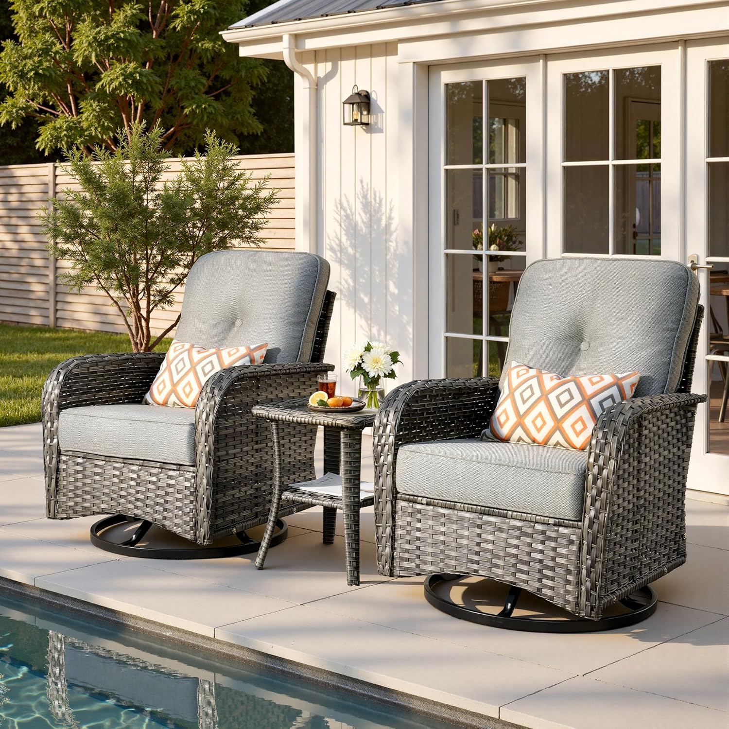 3-Piece Patio Furniture Set, Outdoor Wicker Furniture with Coffee Table, High Back Swivel Rocker Patio Chairs, Modern Rattan Outdoor Chairs Conversation Set for Porch, Balcony, Garden, Dark Gray