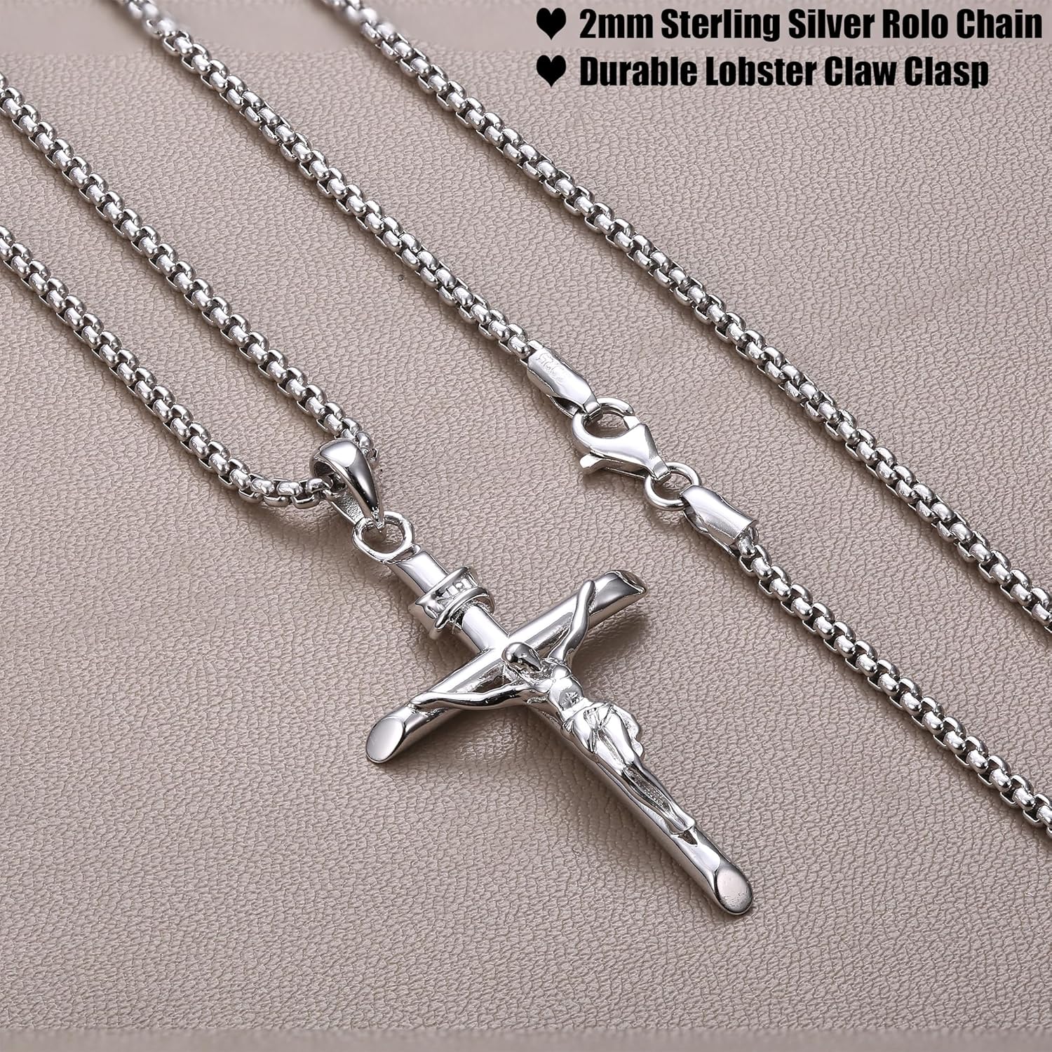 MILACOLATO 925 Sterling Silver Crucifix Necklace for Men Women, 2mm Sterling Silver Rolo Chain with Small or Large Crucifix Pendant, Jesus Crucifix Cross Necklace 16-24 Inches Christian Religious Jewelry Gifts - Image 5