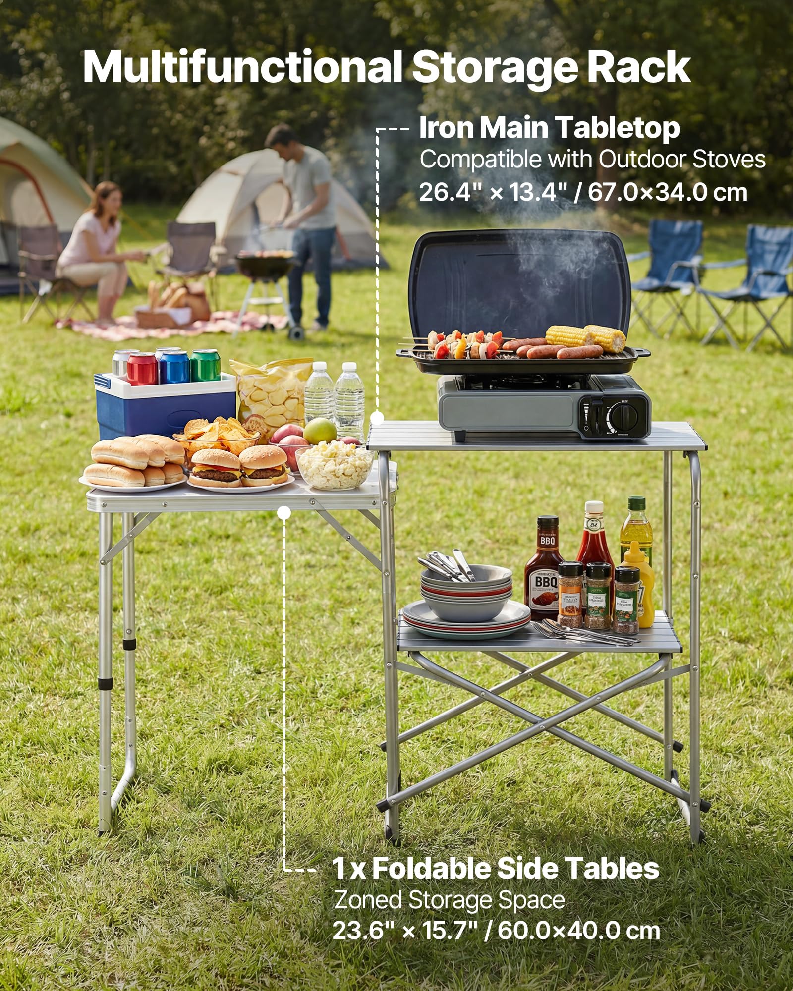VEVOR Klappbarer Campingtisch, Campingkochstation mit Beistelltisch, Hitzebeständiger Tischplatte und Tragetasche, Tragbare Camping-Küchenstation Ideal für Picknick, Grillen und Wohnmobilreisen