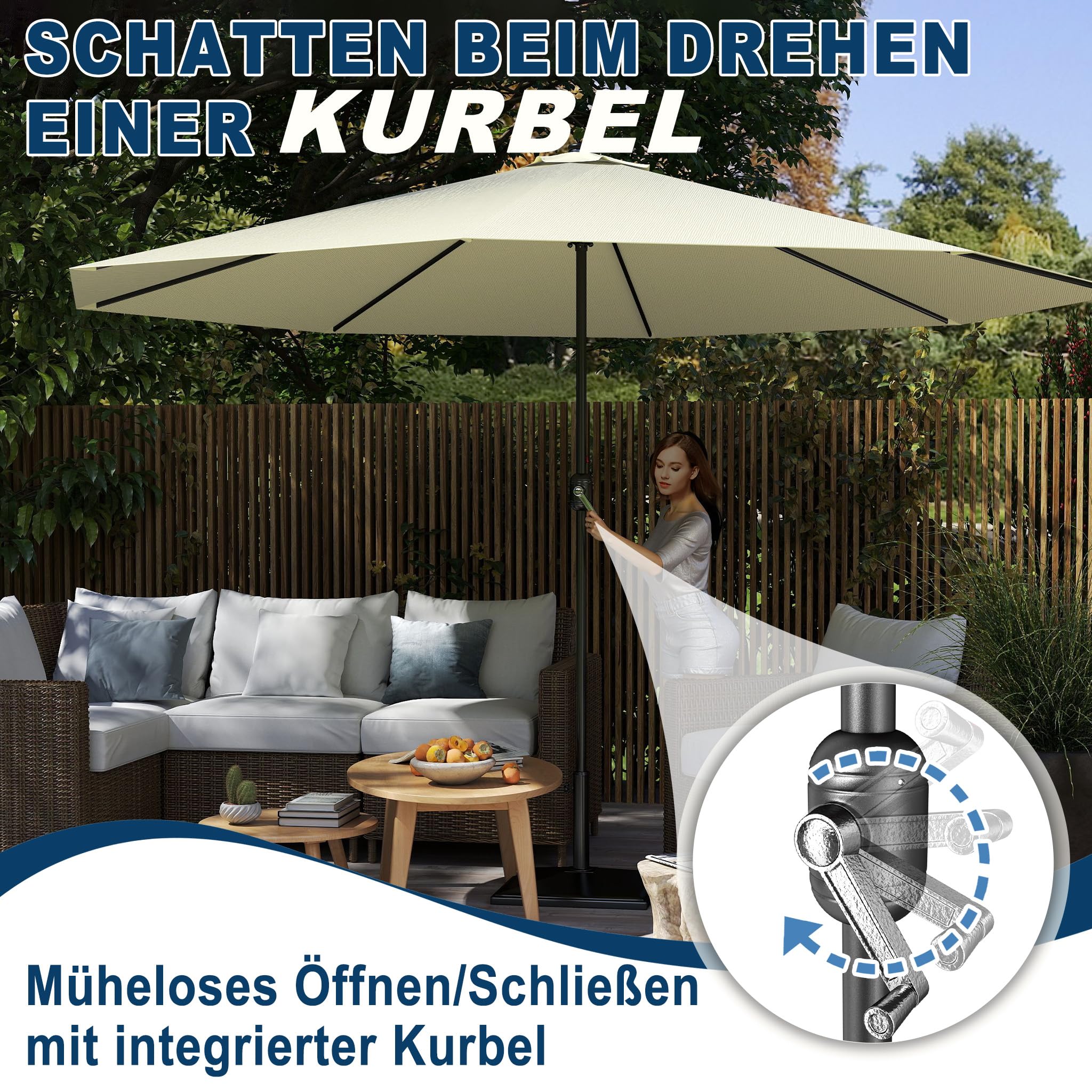 Froadp Ø350cm Sombrilla de Jardín de Protección UV, Paragua de Playa Octogonal con Mango, Equipo Portátil de Sombreado para Exteriores para Balcón Terraza Piscina Patio (Beige)