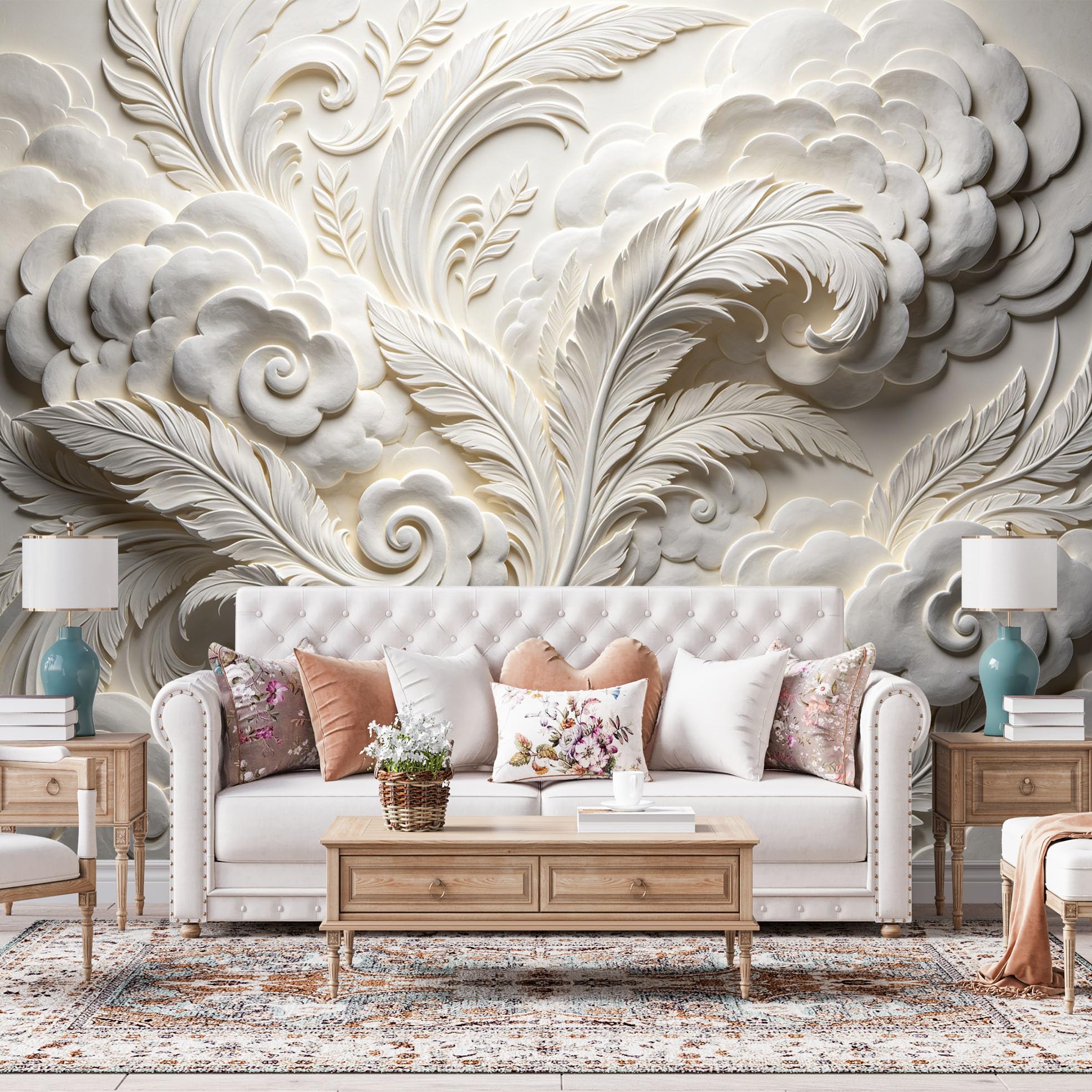 Papel Pintado 3D Con Relieve Nube De Plumas Papel Pintado Autoadhesivo Pared 320Cmx600Cm(Hxw) Arte Moderno Mural De Pared En Relieve Papel Adhesivo No Tejido Impermeable Y Removible Para Dormitorio
