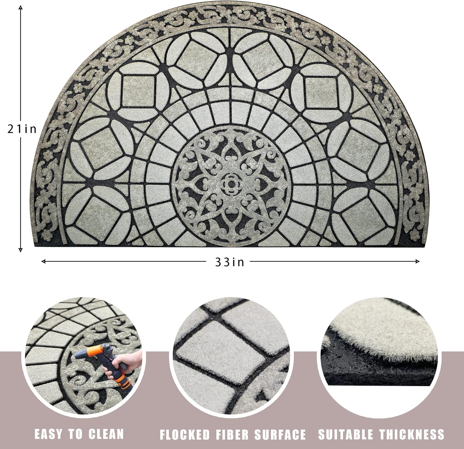 mano front door mat outdoor entrance, heavy duty doormat half circle rug for outside entry, welcome mat for indoor half round door mats with non slip rubber (21" x 33", grey light navy)