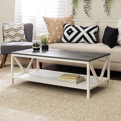 Walker Edison Modern Farmhouse Distressed Wood Rectangle Coffee Table Living Room Ottoman Storage Shelf, 49 Inch, Grey and White