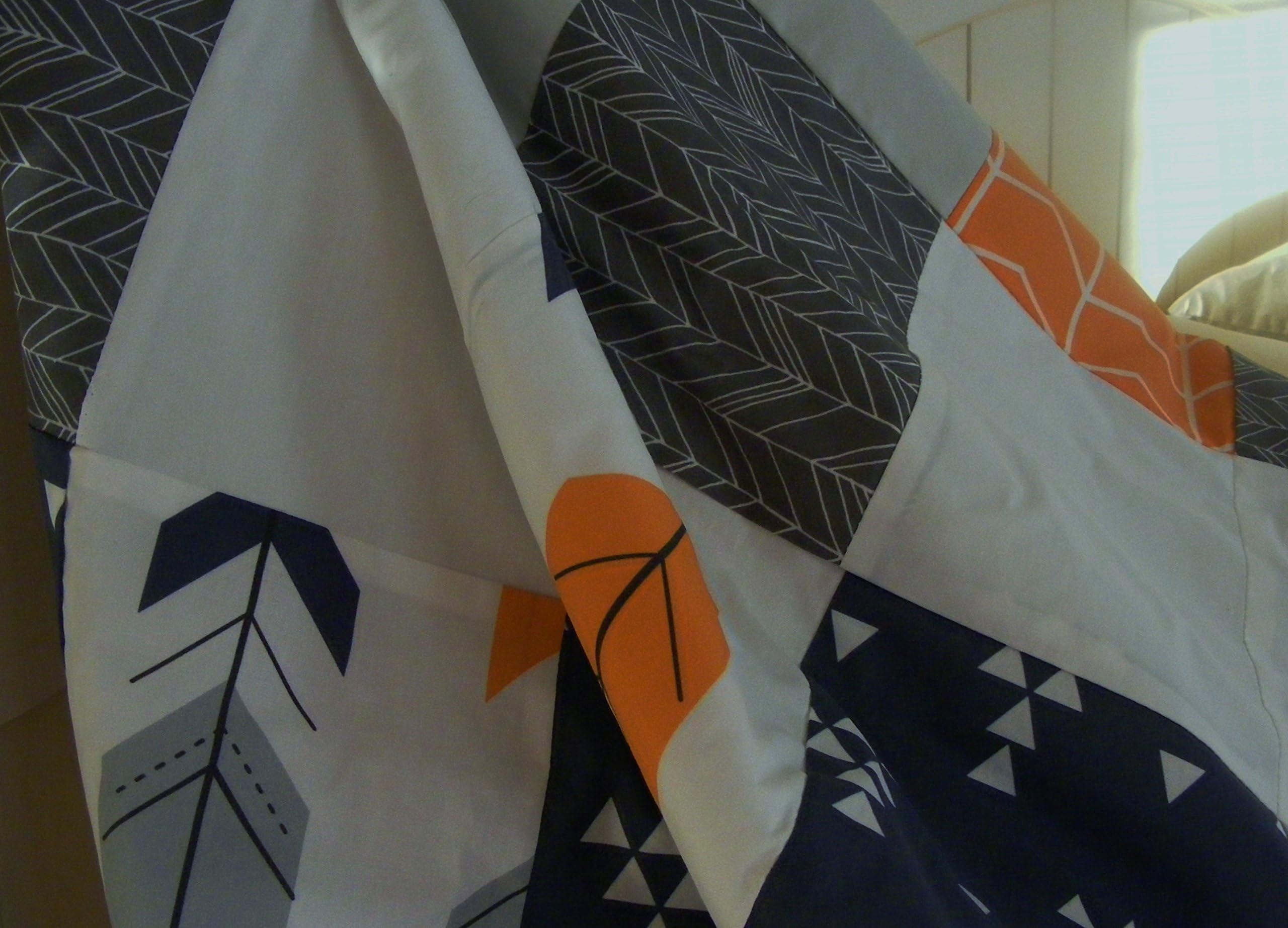 Tribal, Navy Grey and Orange, Baby Blanket, Woodland, Arrow Triangles, Modern Patchwork Baby Blanket