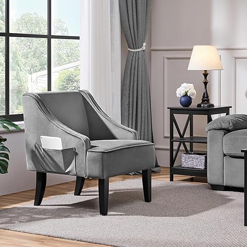 Miniatura 28 de Yaheetech Silla de sala de estar, silla decorativa con bolsillo lateral de almacenamiento, sillón con asiento ancho y patas de madera de goma para