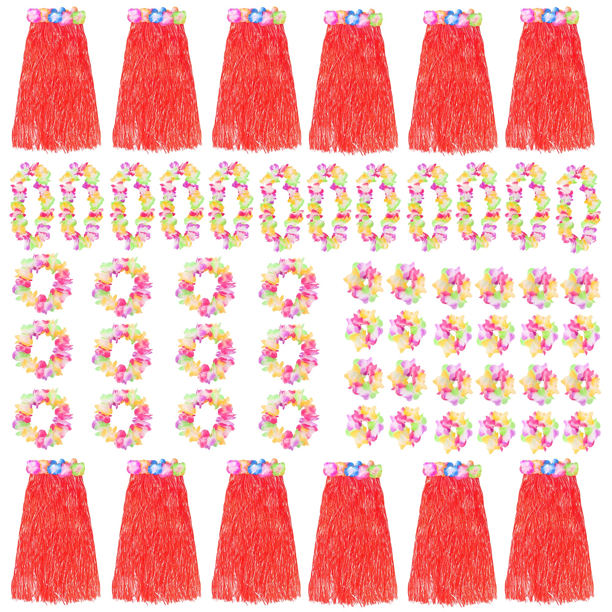 Red Hawaiian Hula Skirt and Multicoloured Lei Set X12 - Flower Necklace, Headband and Bracelet - 80cm Grass Hula - Luau - Fancy Dress Costume Accessory