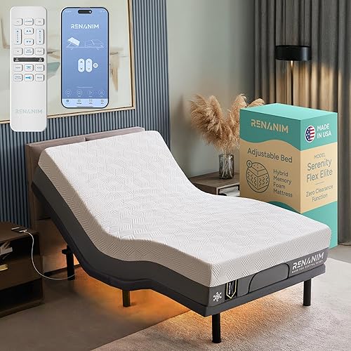 Renanim SFE - Base de cama eléctrica ajustable individual XL con colchón híbrido de espuma viscoelástica de 14 pulgadas, base de colchón ajustable