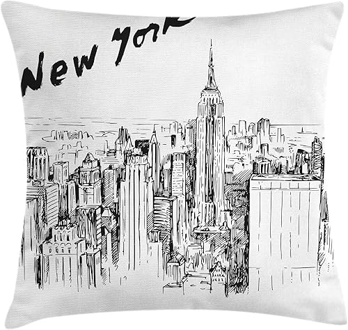 Ambesonne New York - Funda de cojín para cojín, diseño vintage dibujado a mano con rascacielos, estilo boceto en el centro, funda de almohada