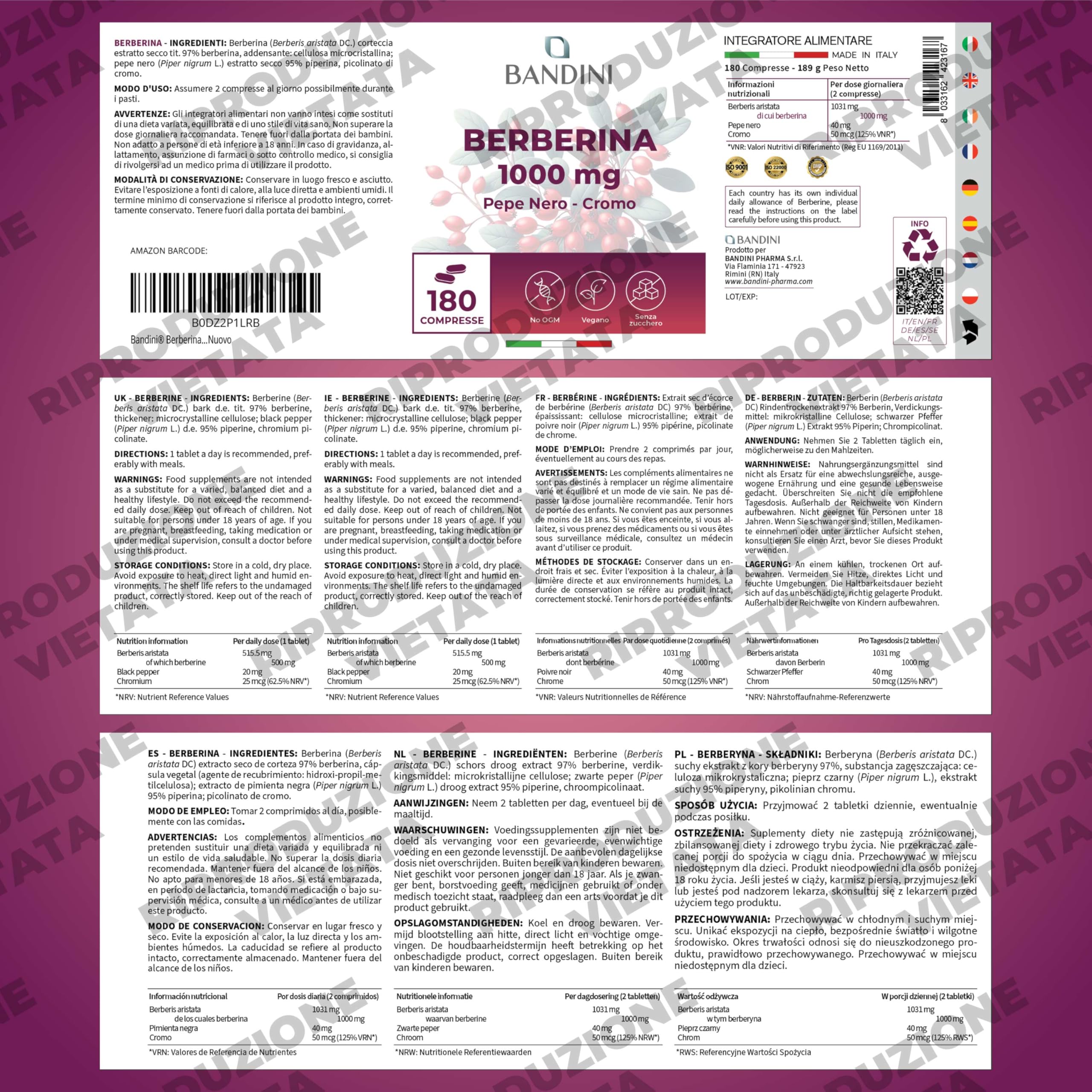Bandini® Berberina 1000mg pura alto dosaggio | 180 compresse vegane - Berberin HCl da Berberis Aristata al 97% + Cromo e Pepe Nero | Massimo assorbimento - Funzione digestiva, epatica, intestinale