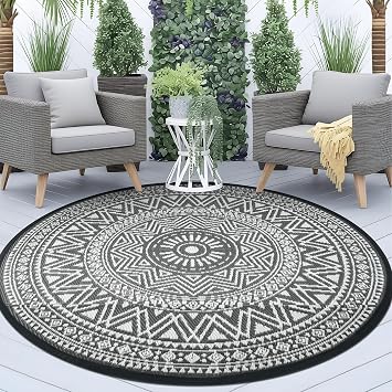 Garden Rugs Outdoor 150cm Round Grey Rug for Patios Waterproof Reversible Boho Mats Lightweight Plastic Outdoor Area Rug for RV, Balcony, Beach, Backyard, Picnic, Porch, Deck